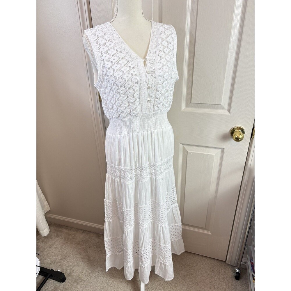 White Cotton Crochet Dress Cottagecore Beach 100% Cotton Dress Maxi XL 496 - Picture 8 of 9